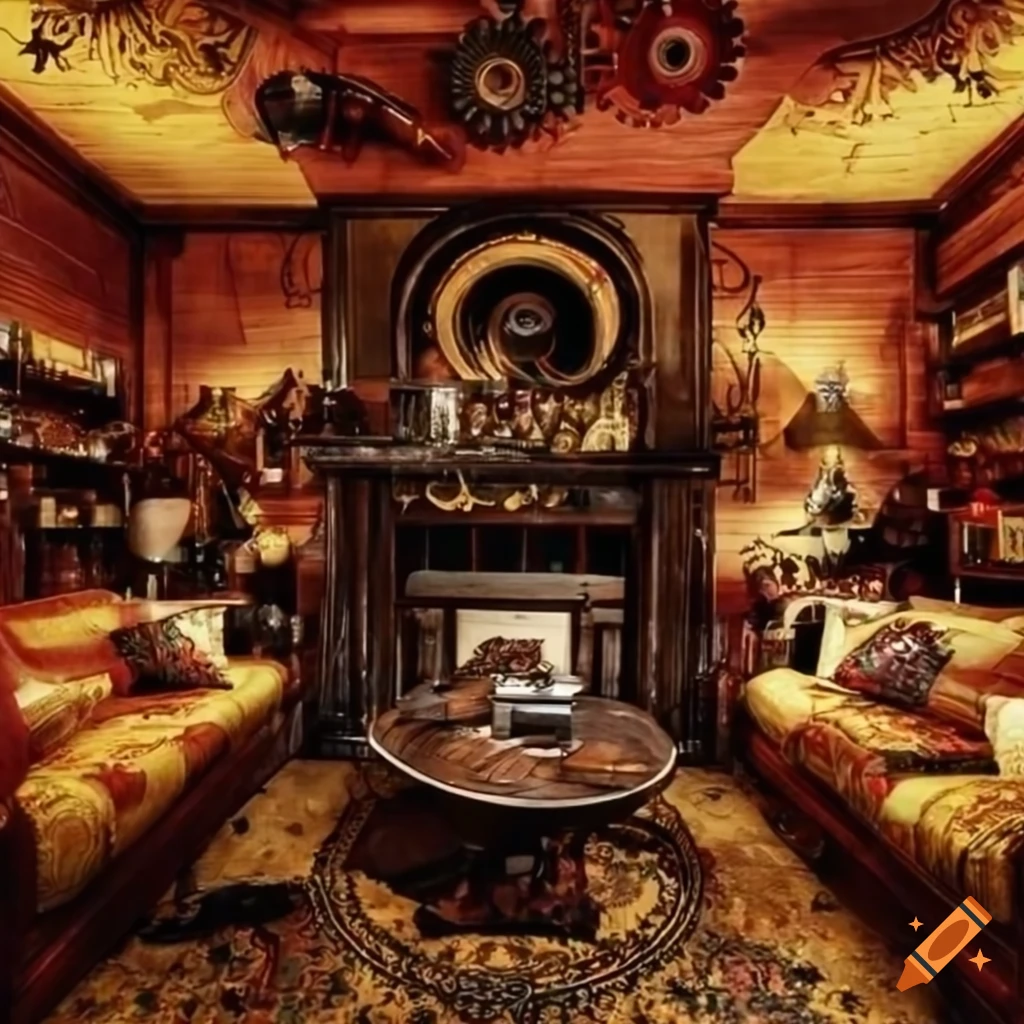 steampunk-themed living room with a bar and fireplace