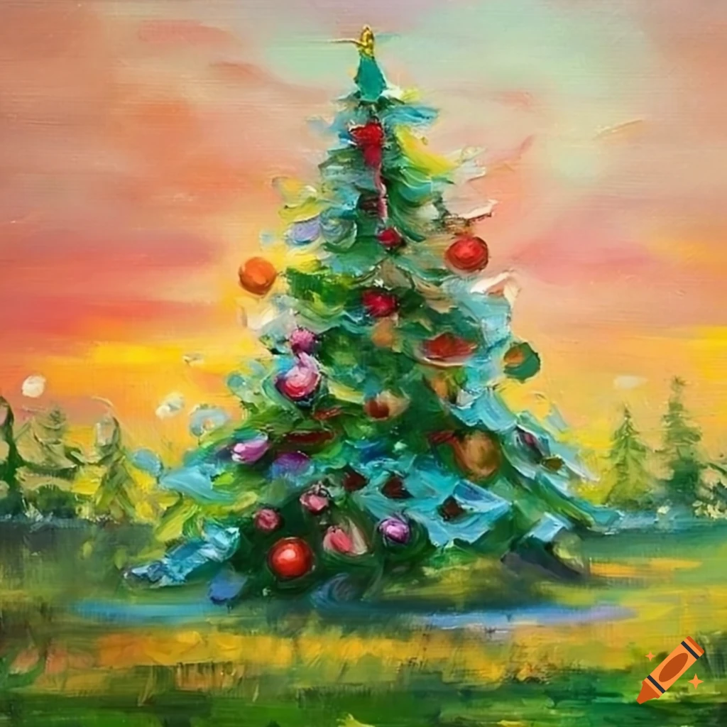Oil painting of christmas trees in a spring meadow