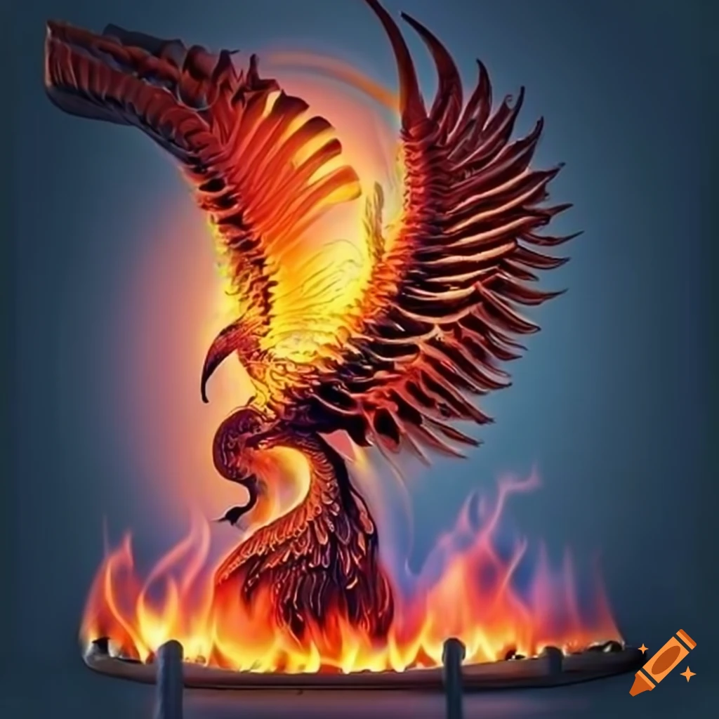 Artistic representation of gas burners and a phoenix bird on Craiyon