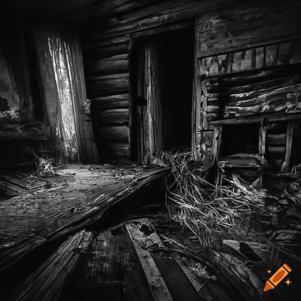 black and white photo of a spooky abandoned cabin living room