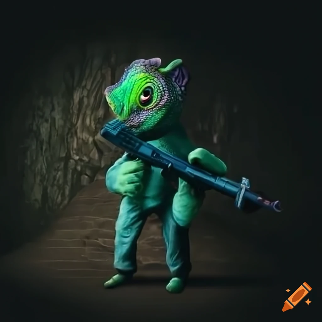 chameleon holding a paintball gun