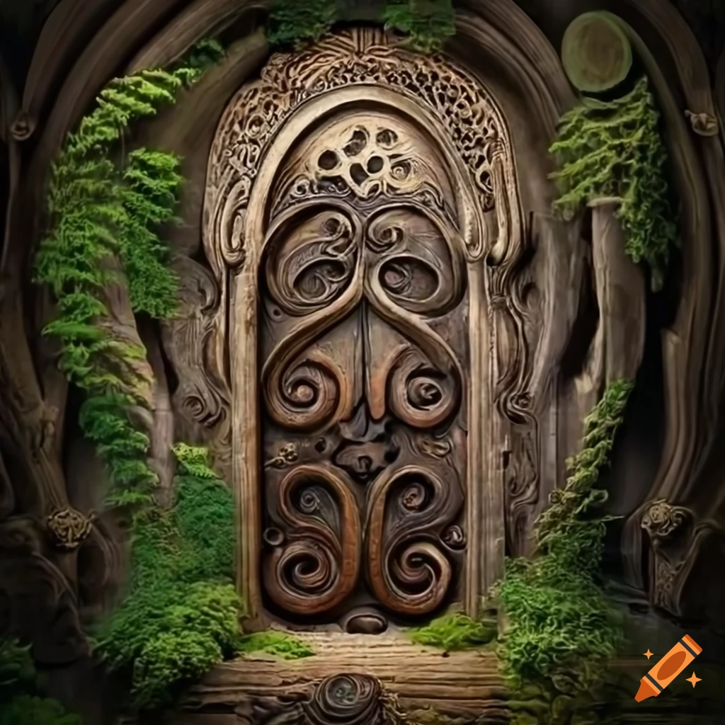 baroque door with witchcraft symbols and natural elements