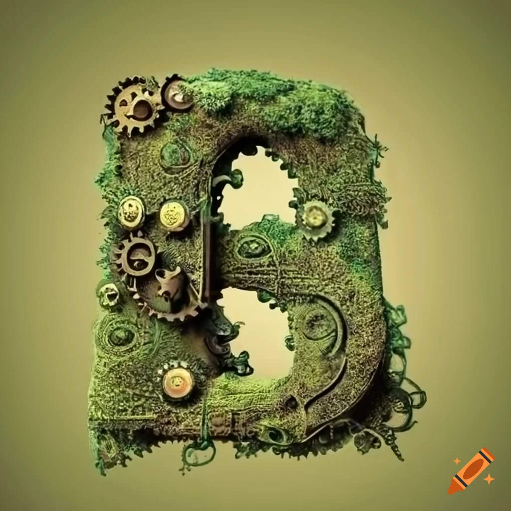 intricate moss-covered steampunk letter B