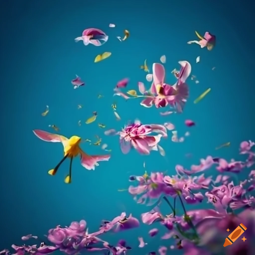Artistic depiction of flying flowers on Craiyon