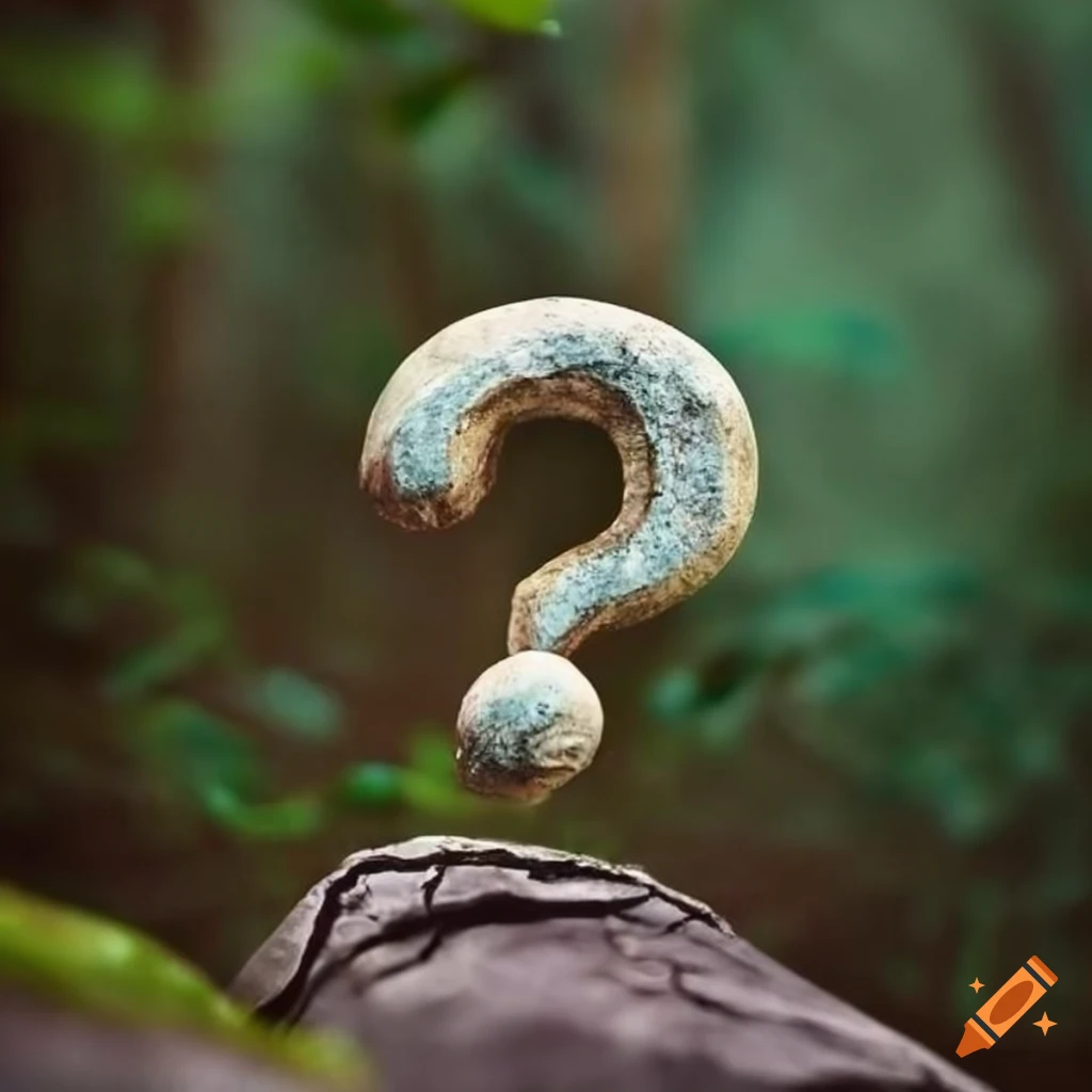 Cracked stone with question mark in rain forest on Craiyon