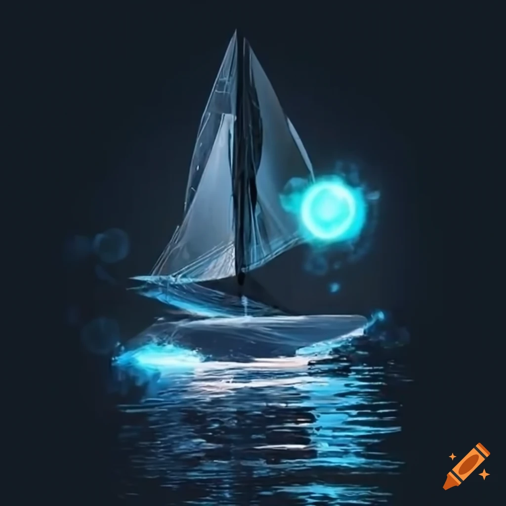 futuristic robotic sailboat with hydrofoil and bokeh lights