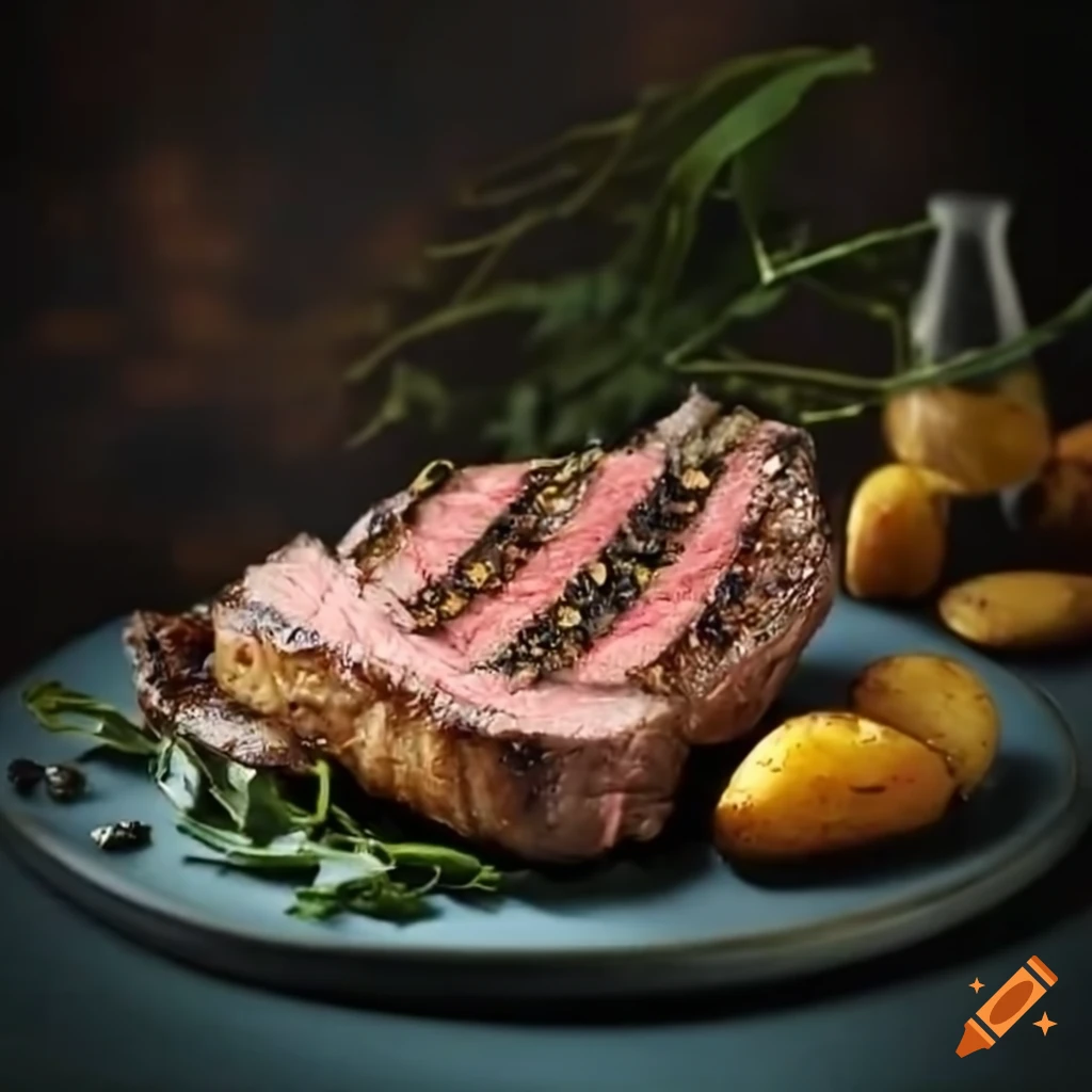 Delicious grilled beef steak with black pepper and potatoes on Craiyon