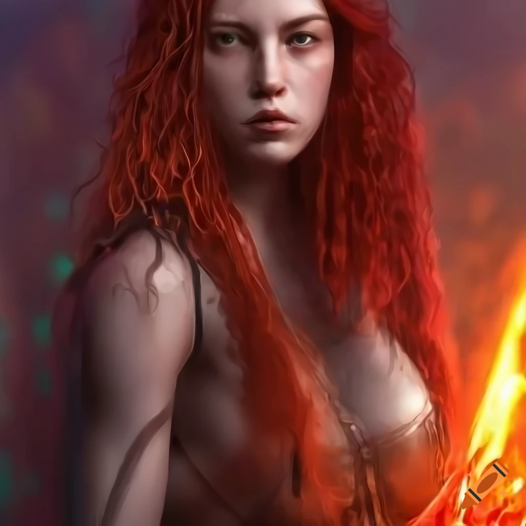 hyperrealistic concept art of a muscular redhead woman in armor