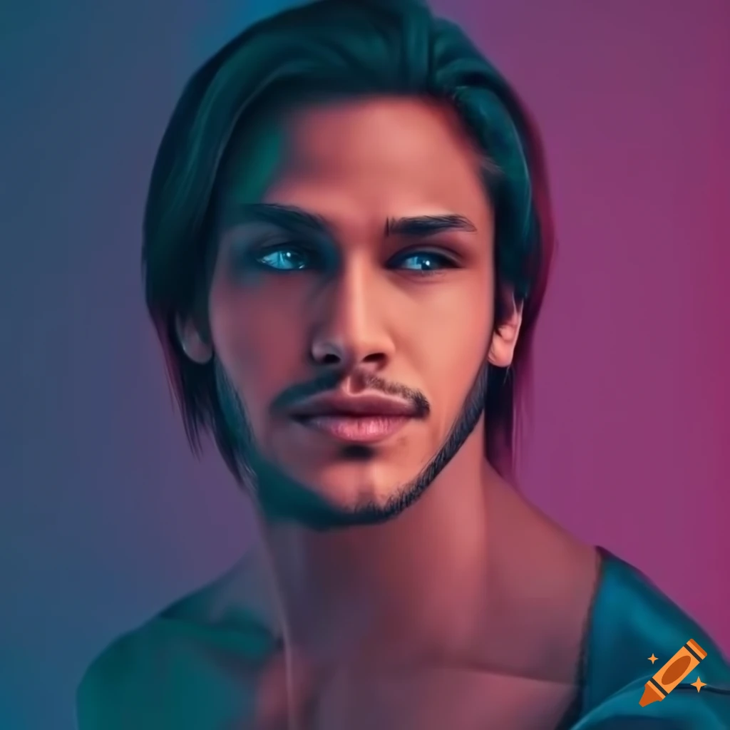 portrait of a handsome man with blue eyes and long black hair
