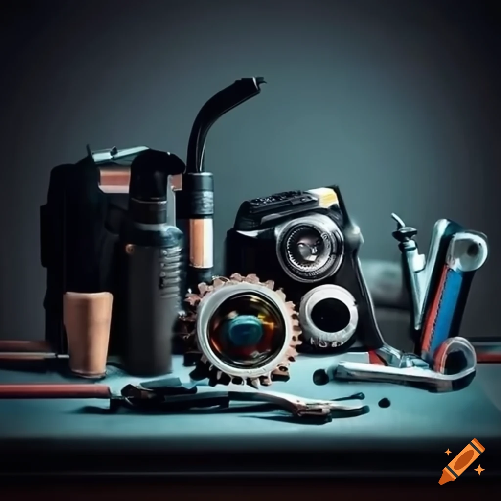 neatly arranged bicycle tools and camera gear on workbench