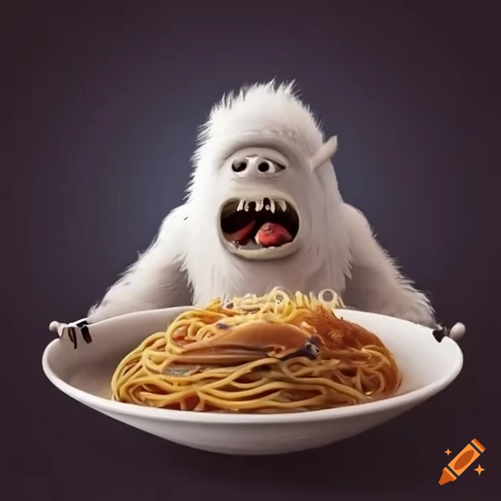Illustration of a yeti enjoying spaghetti on Craiyon