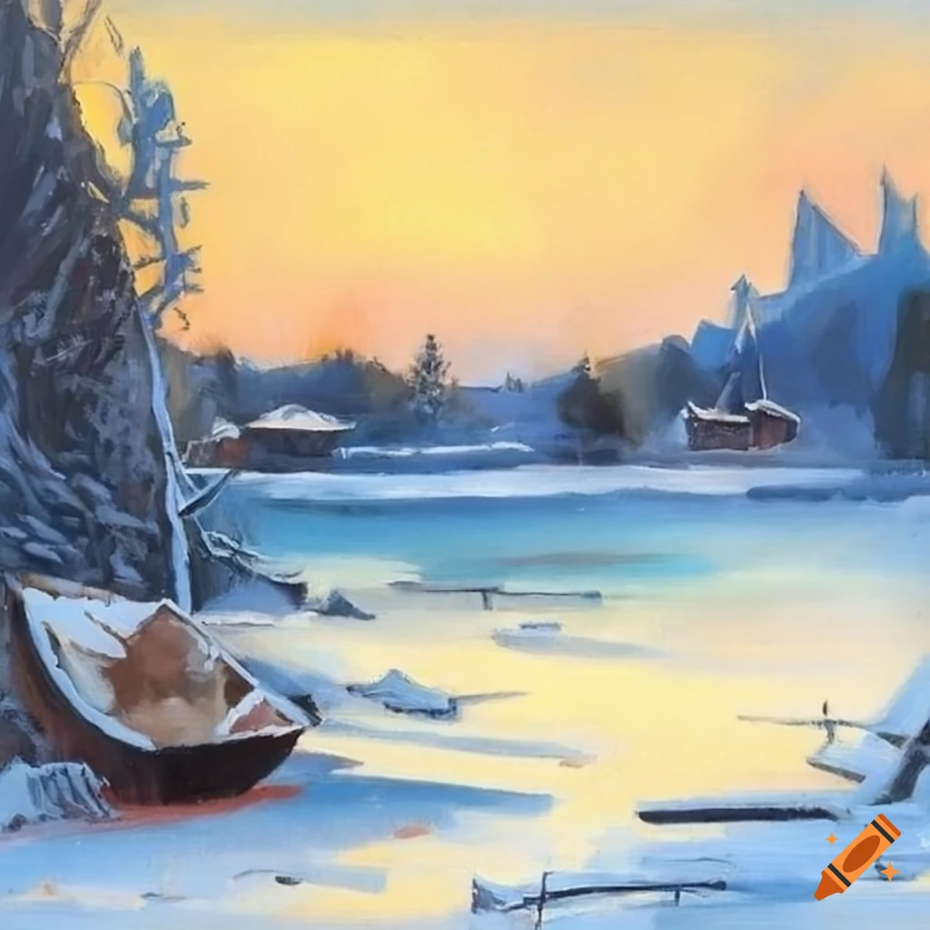 snowy winter landscape painting with a boat