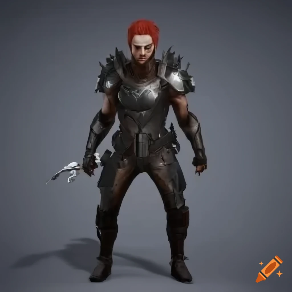 sci-fi elf soldier with black armor and red hair