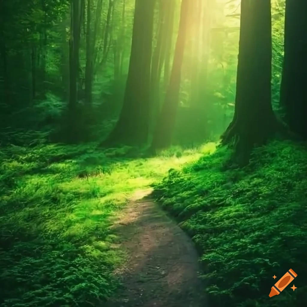 Dreamy forest with sunlight streaming through trees