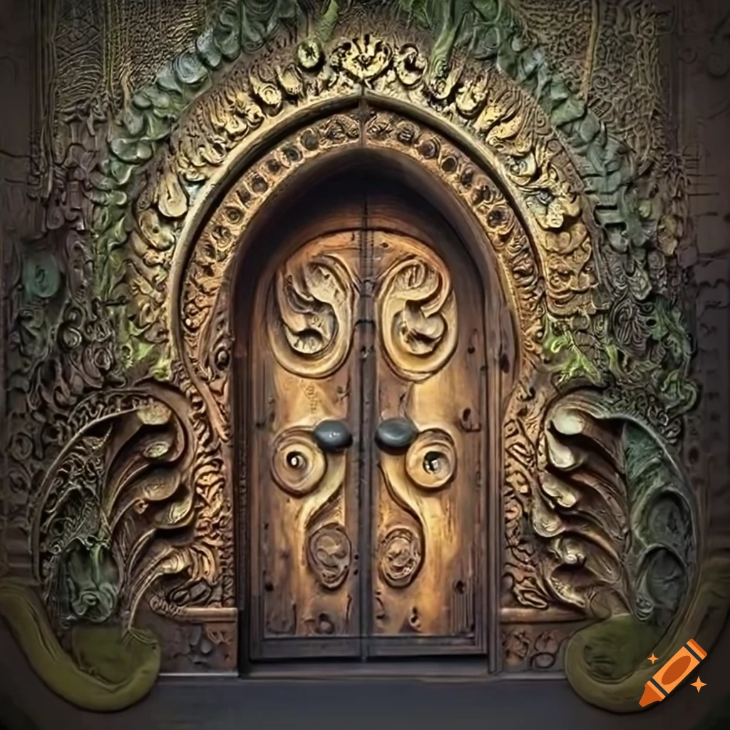 baroque door with African symbols carved in shale rock