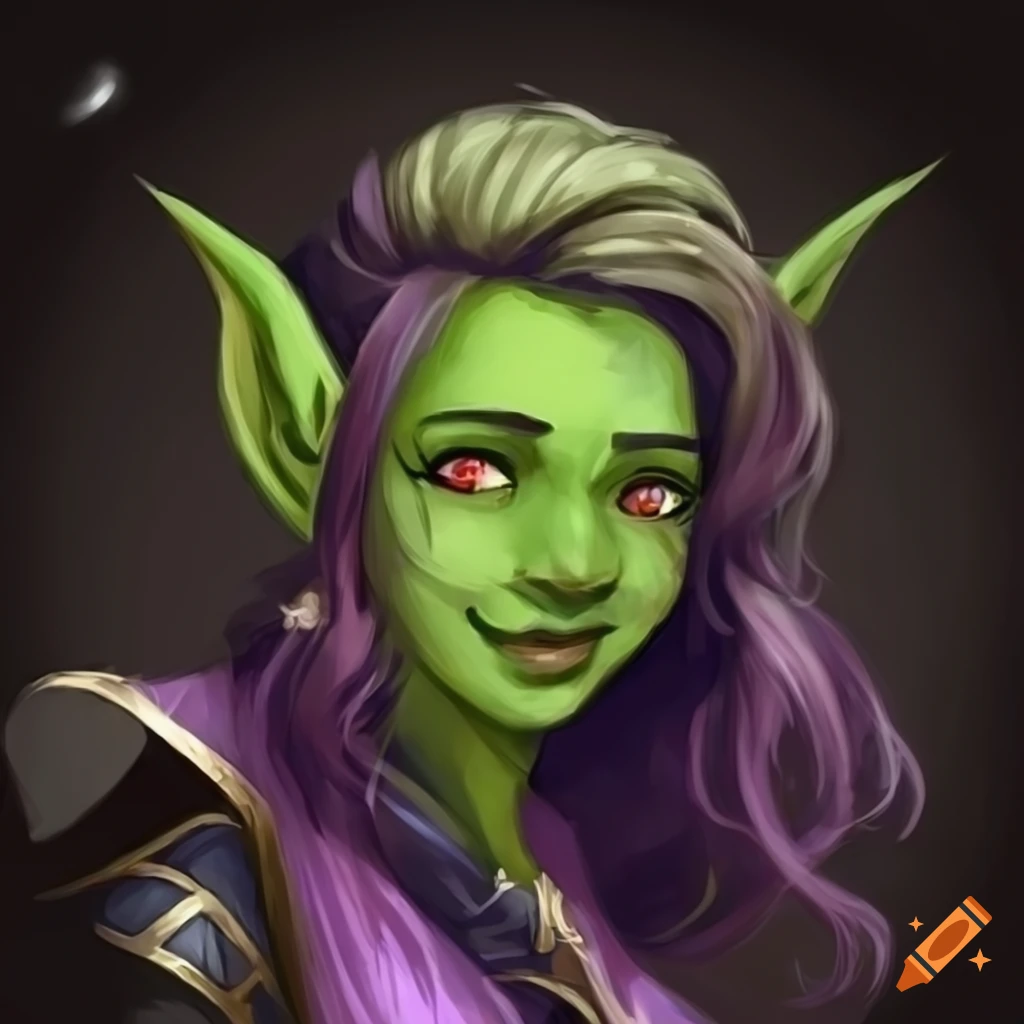 Illustration Of A Cute Female Goblin Bard With Green Skin And Purple 