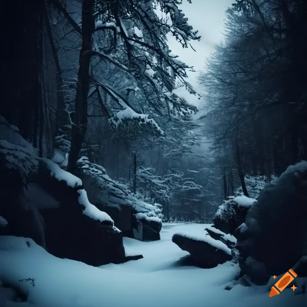 dark vintage photo of snowfall in a forest at night
