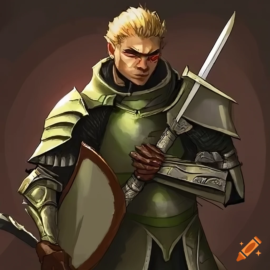 fantasy artwork of a green-skinned half-orc paladin