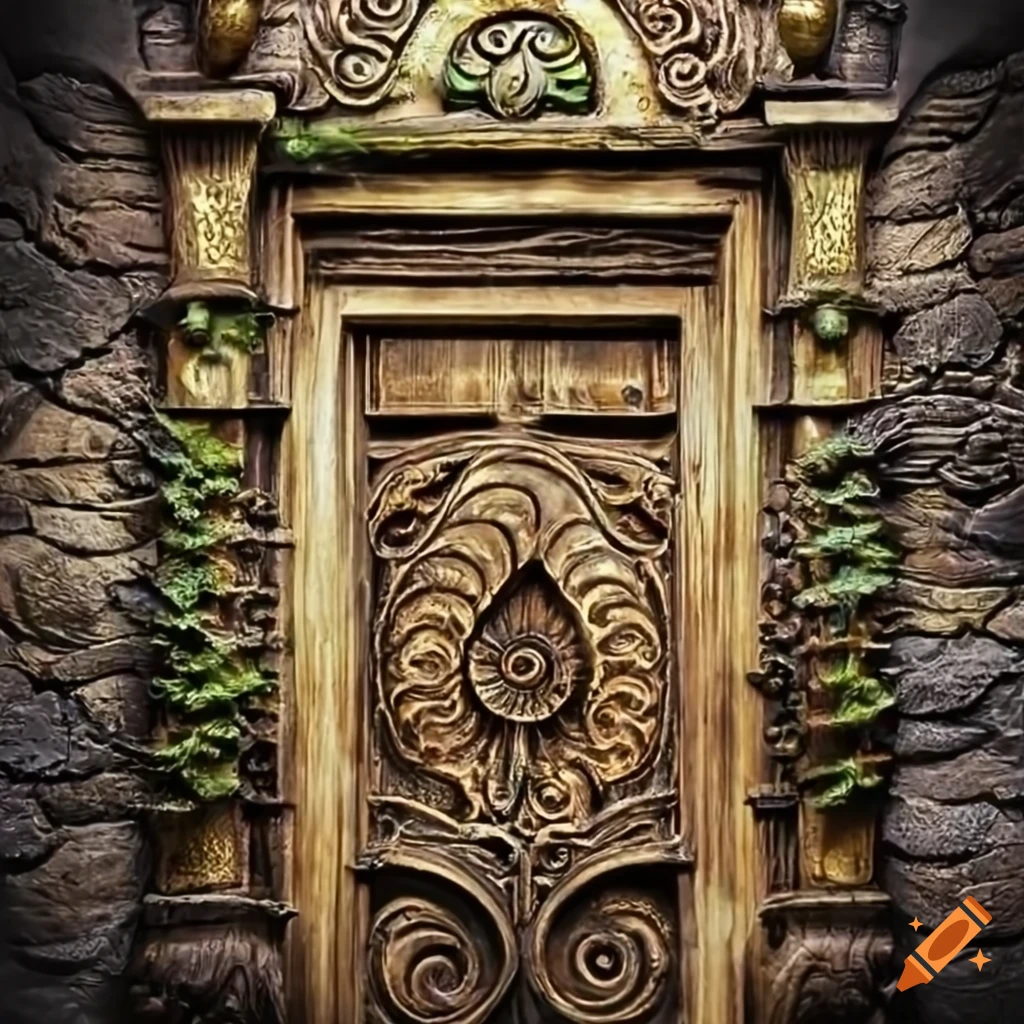 carved witchcraft symbols on a door made of shale rock