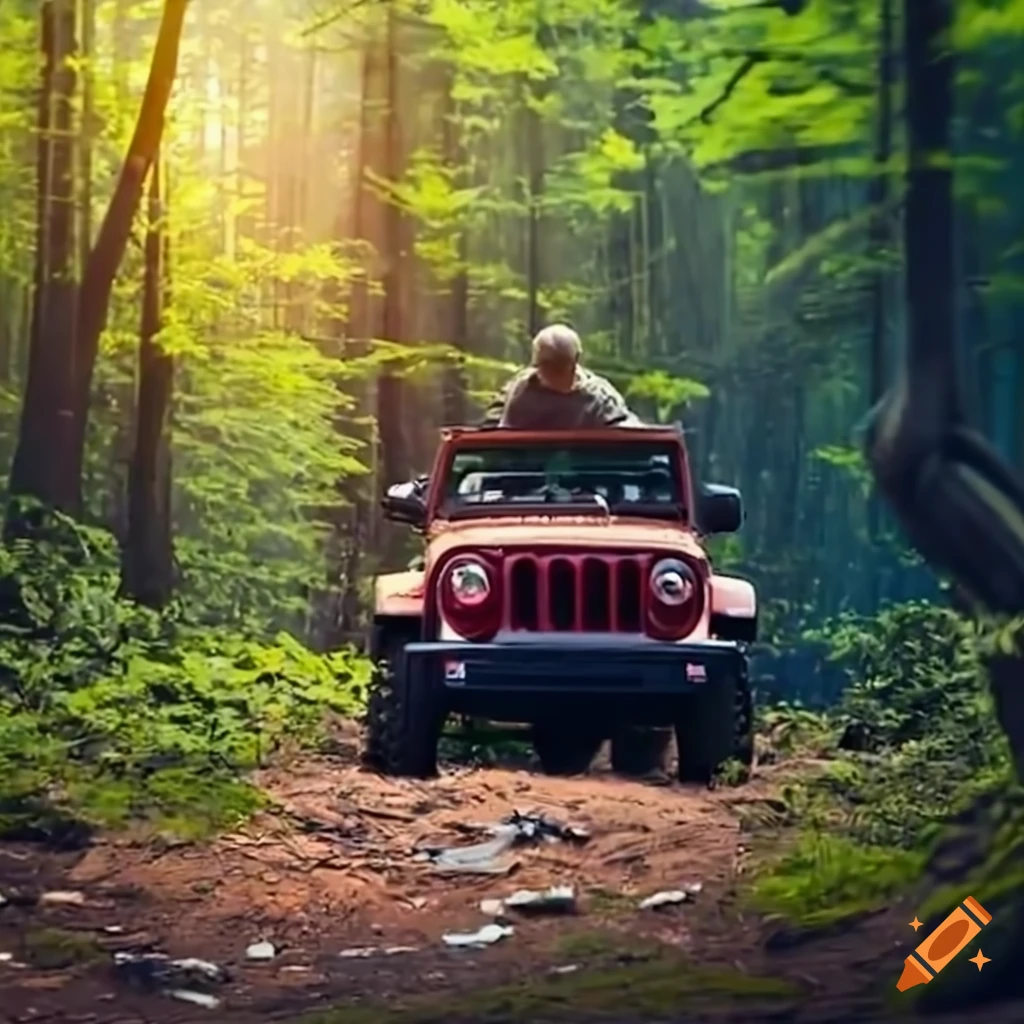 Jeep driving through forest with man on twoway radio on Craiyon