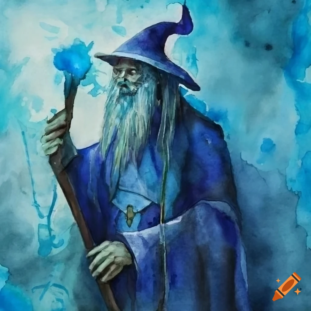 Watercolor painting of a wizard with a blue crystal staff on Craiyon