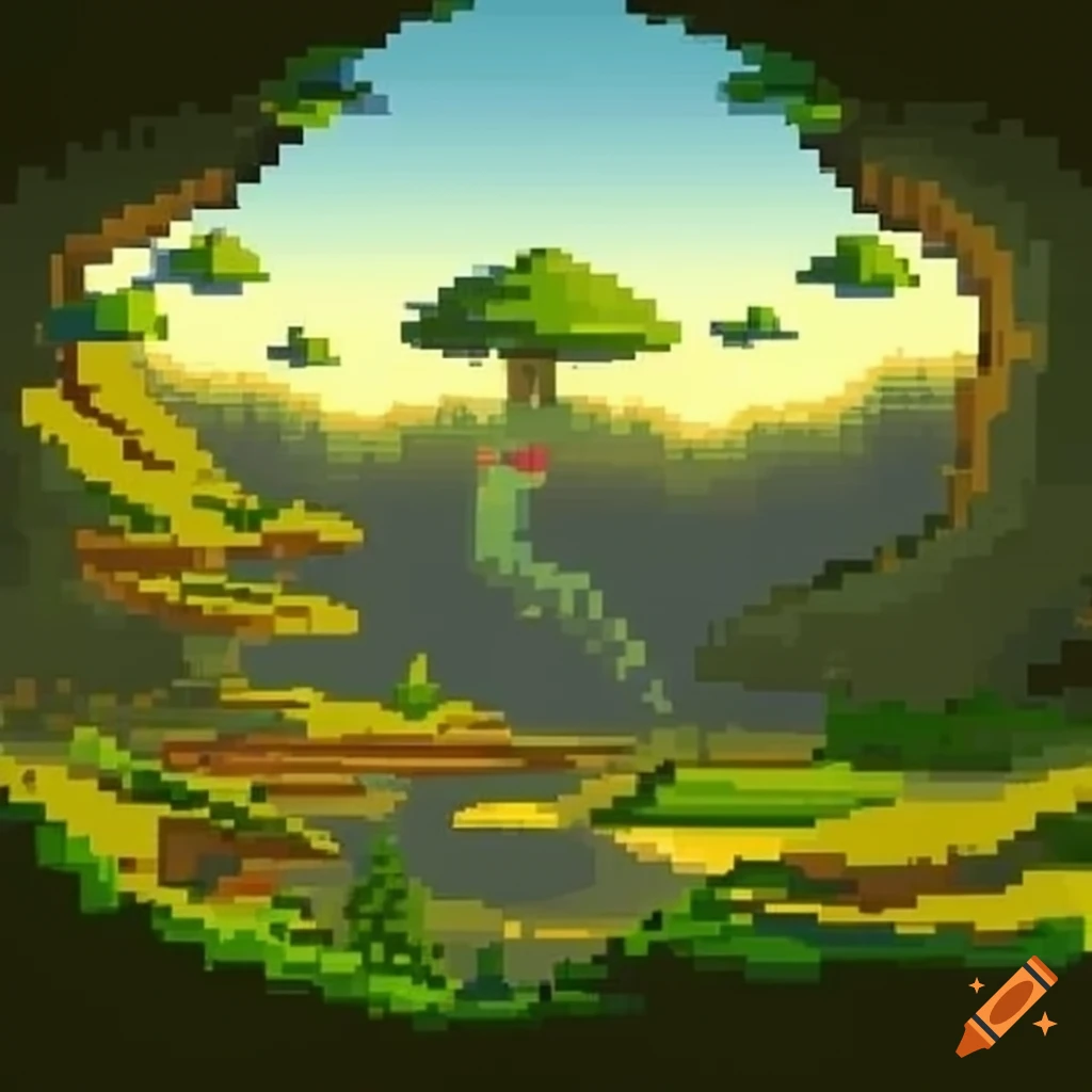 Pixel art landscape with mountains and a big tree