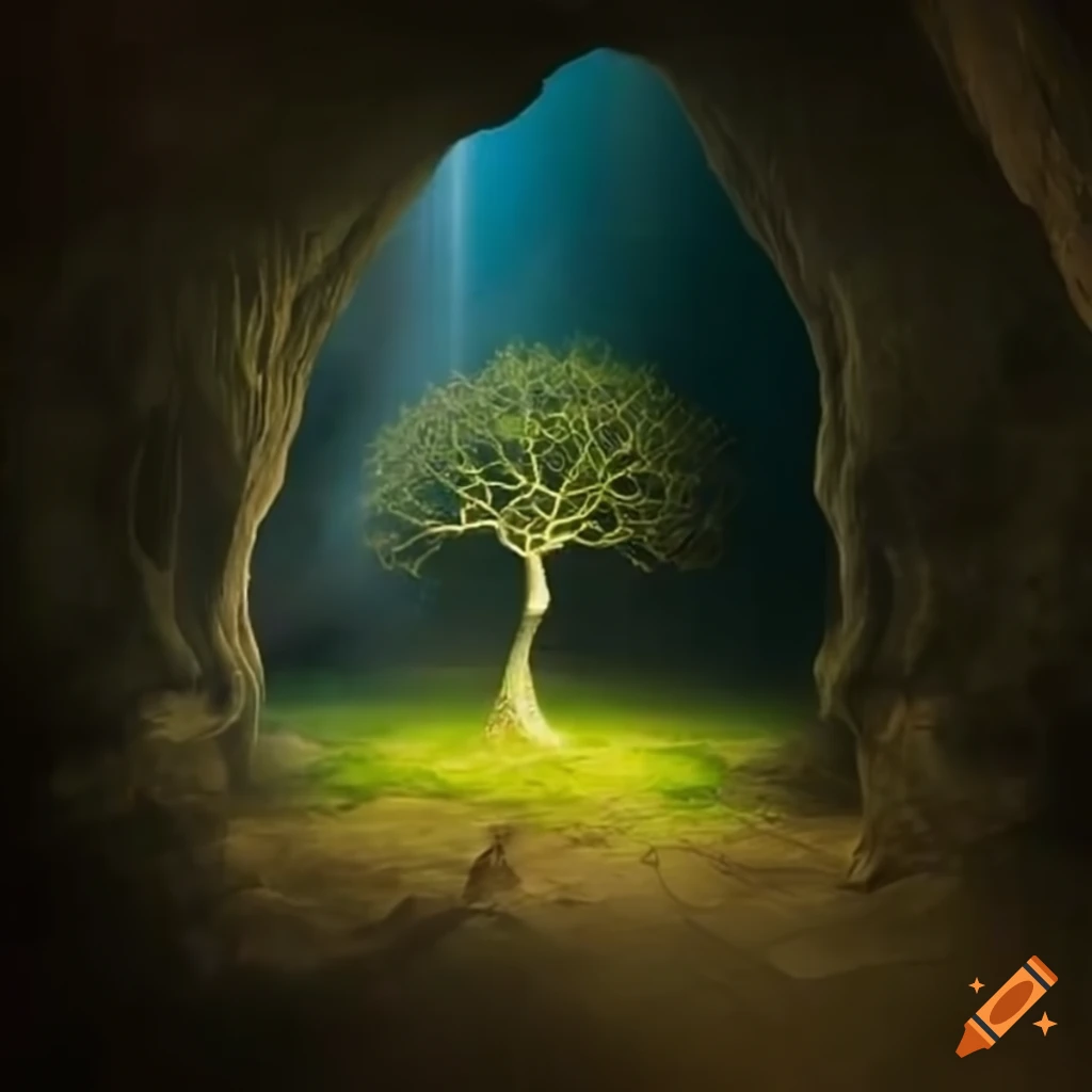 tree growing in a beam of light inside a cave