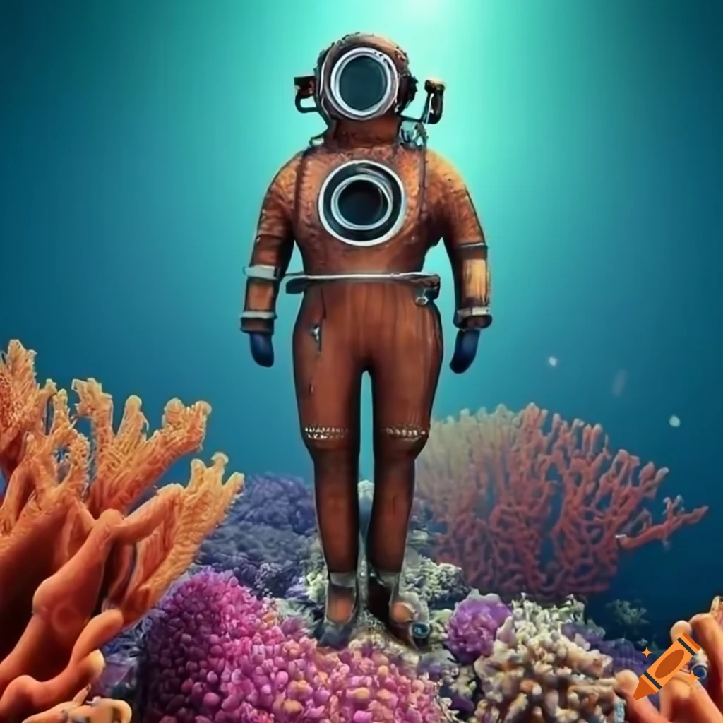 3d rendering of a copper diving suit surrounded by colorful corals on