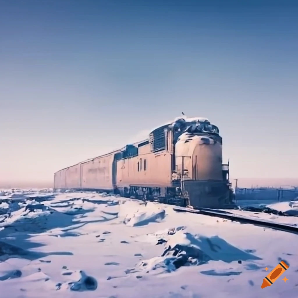 snowy railroad with a long train in the distance