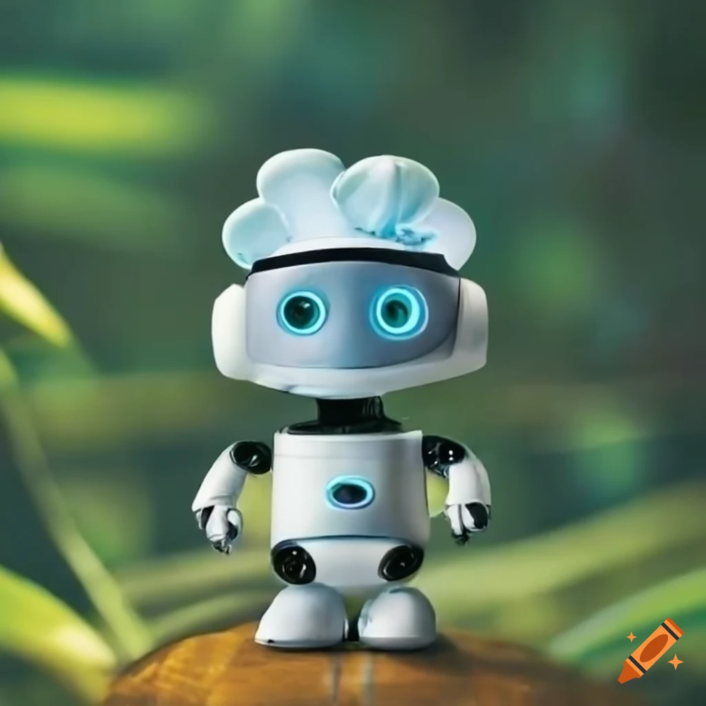 cute robot wearing a chef hat on a tropical island
