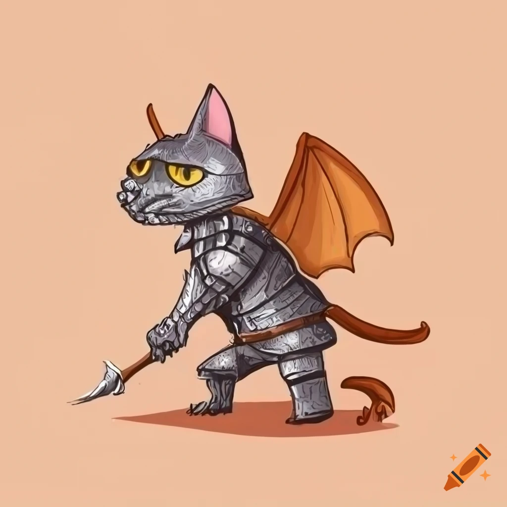 cartoon cat in armor slaying a dragon