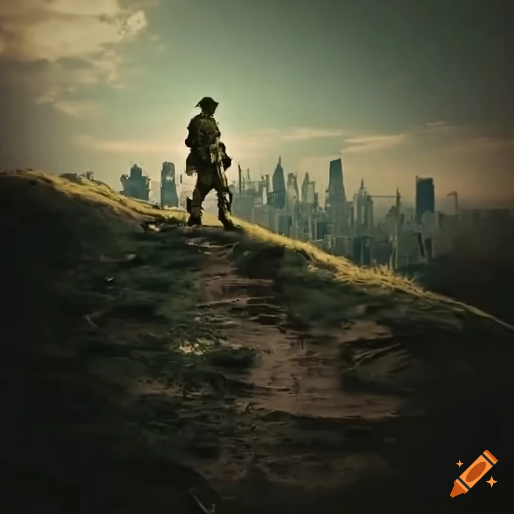 Image of a lone survivor in military gear in a post-apocalyptic city on  Craiyon