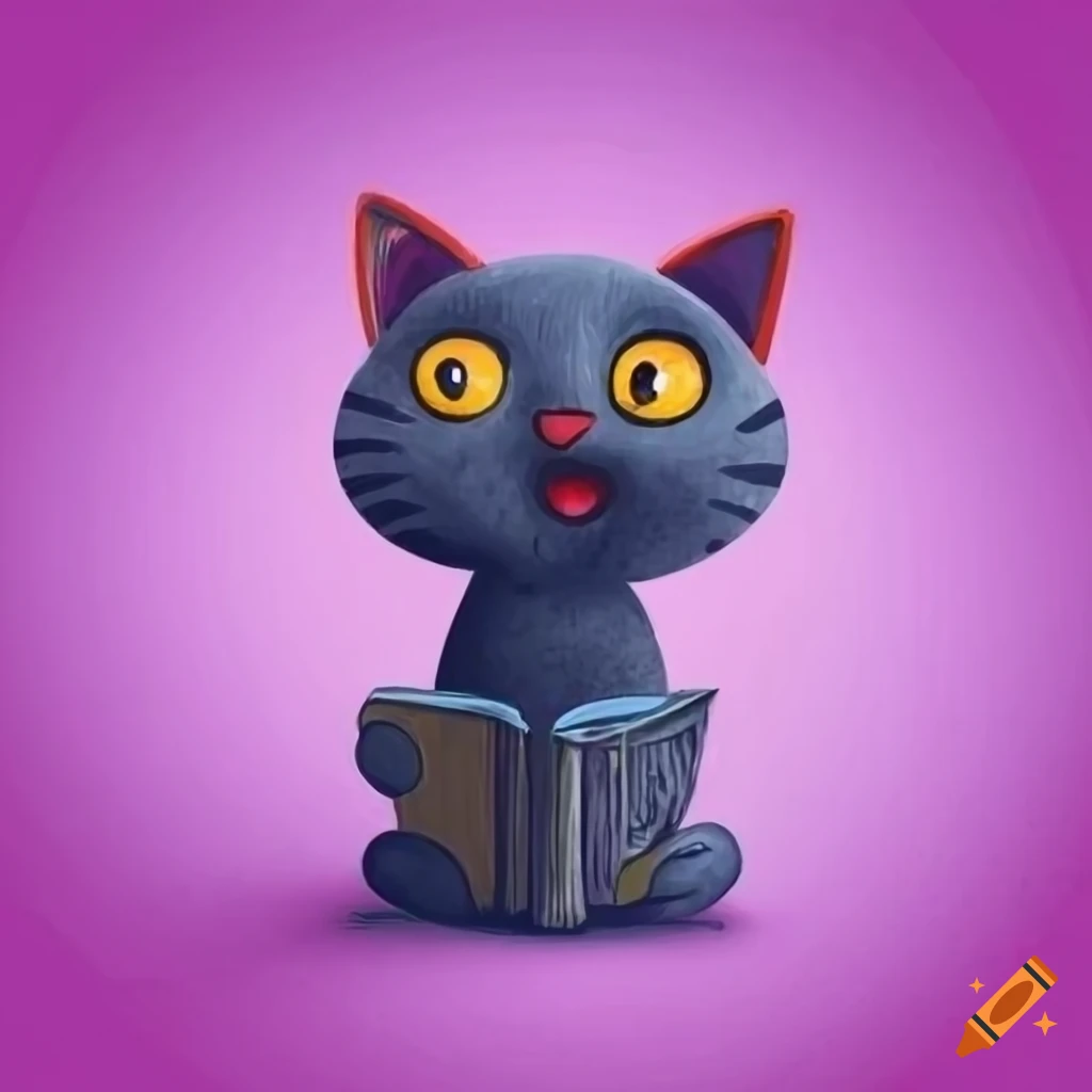 Handdrawn cartoon cat librarian with books