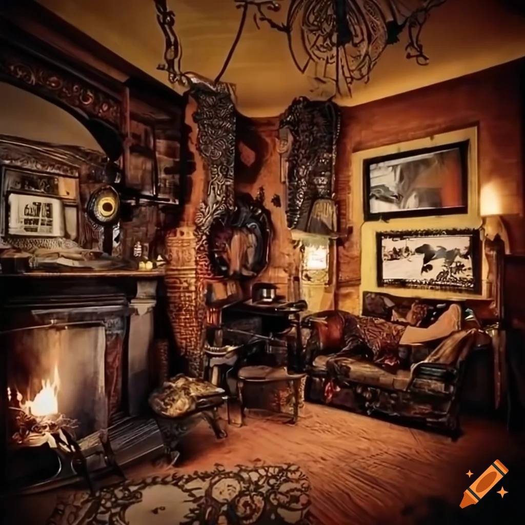 image of a steampunk living room with a bar and fireplace
