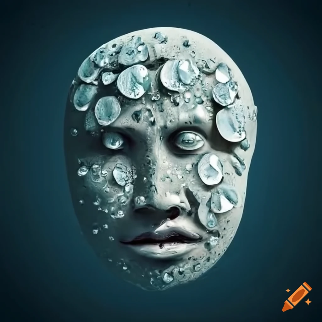 Stone face with waterdrops and flowing water on Craiyon