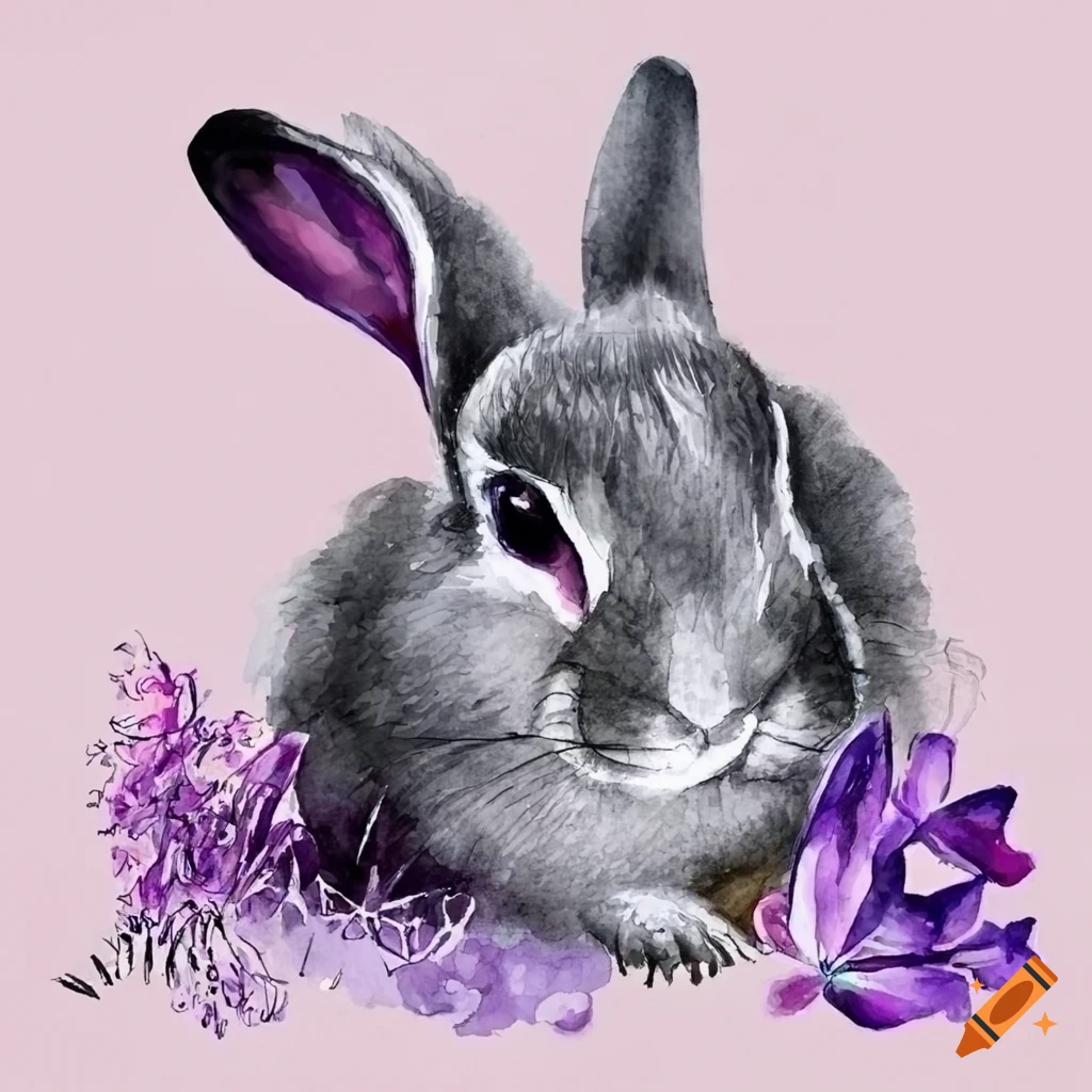 Watercolor of a cute rabbit with amethyst crystals and flowers on Craiyon