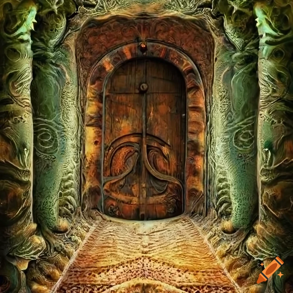 artistic depiction of an adobe door with cosmic elements
