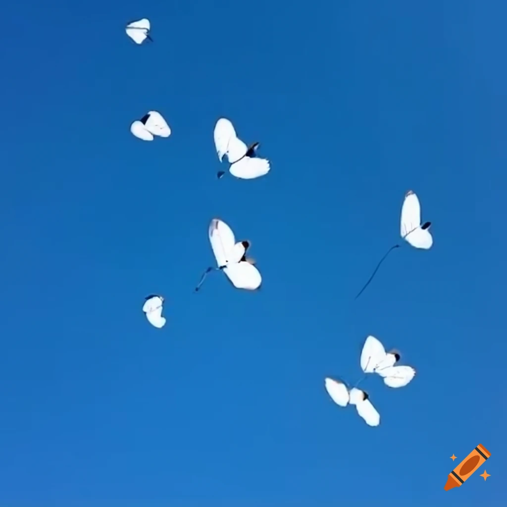 White butterflies flying in a blue sky on Craiyon