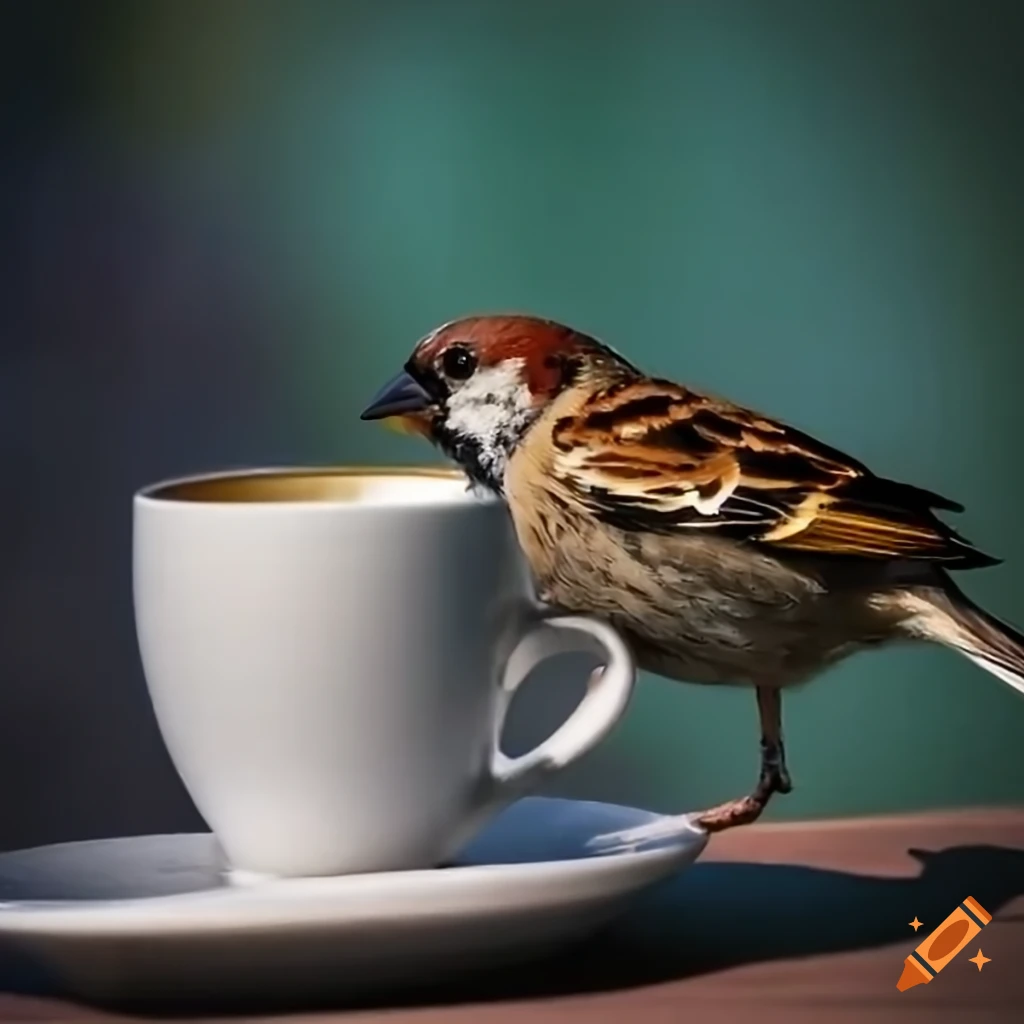 Sparrow enjoying a cup of coffee