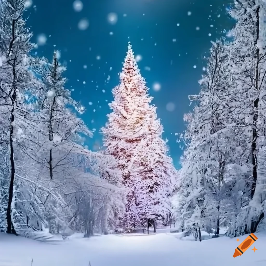 winter scene with snow-covered trees and twinkling lights