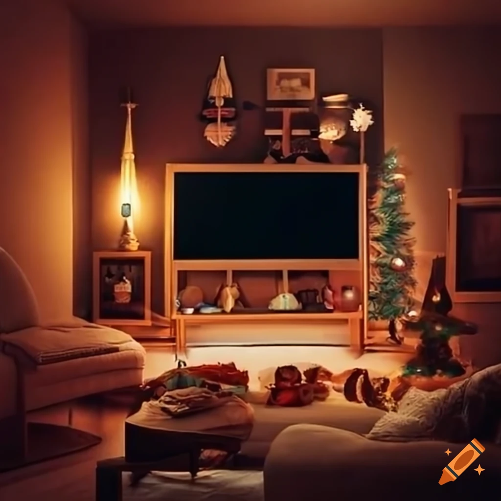 cozy room with a couch, TV, and Christmas tree