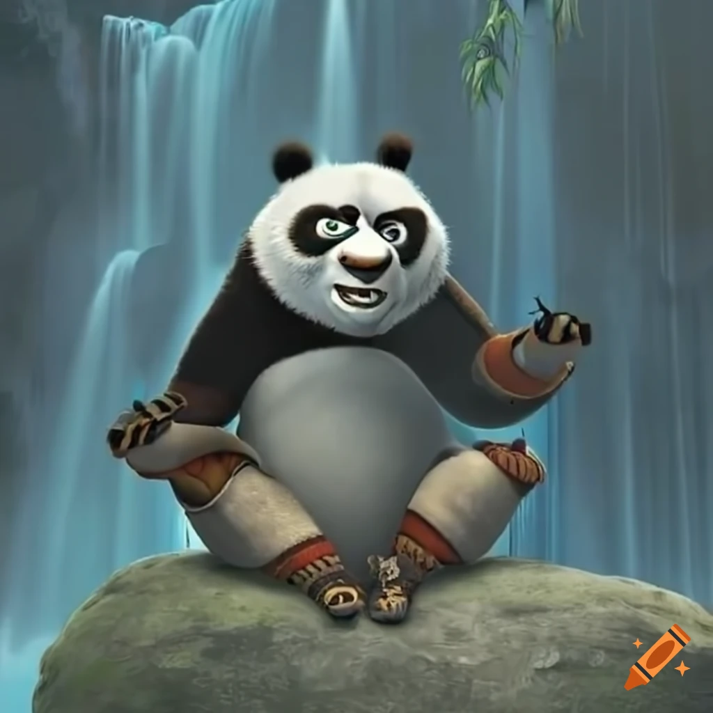 Kung fu panda meditating near a waterfall on Craiyon