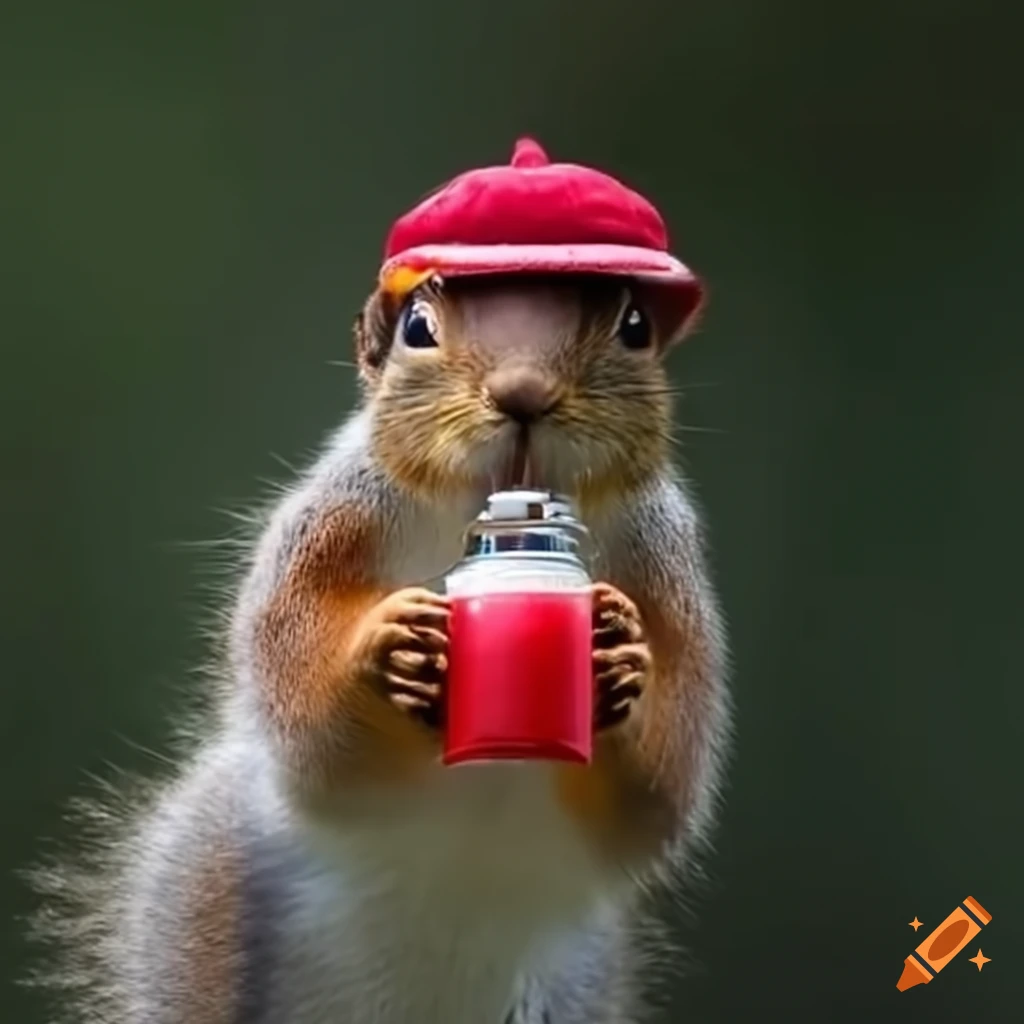 Squirrel with red bull hat holding an energy drink on Craiyon