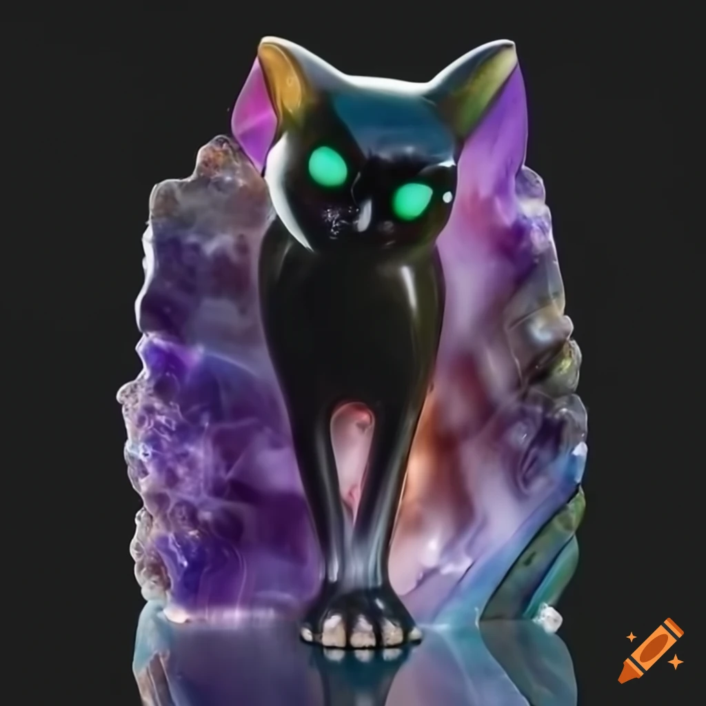 Sculpture of a black cat emerging from colorful crystal on Craiyon