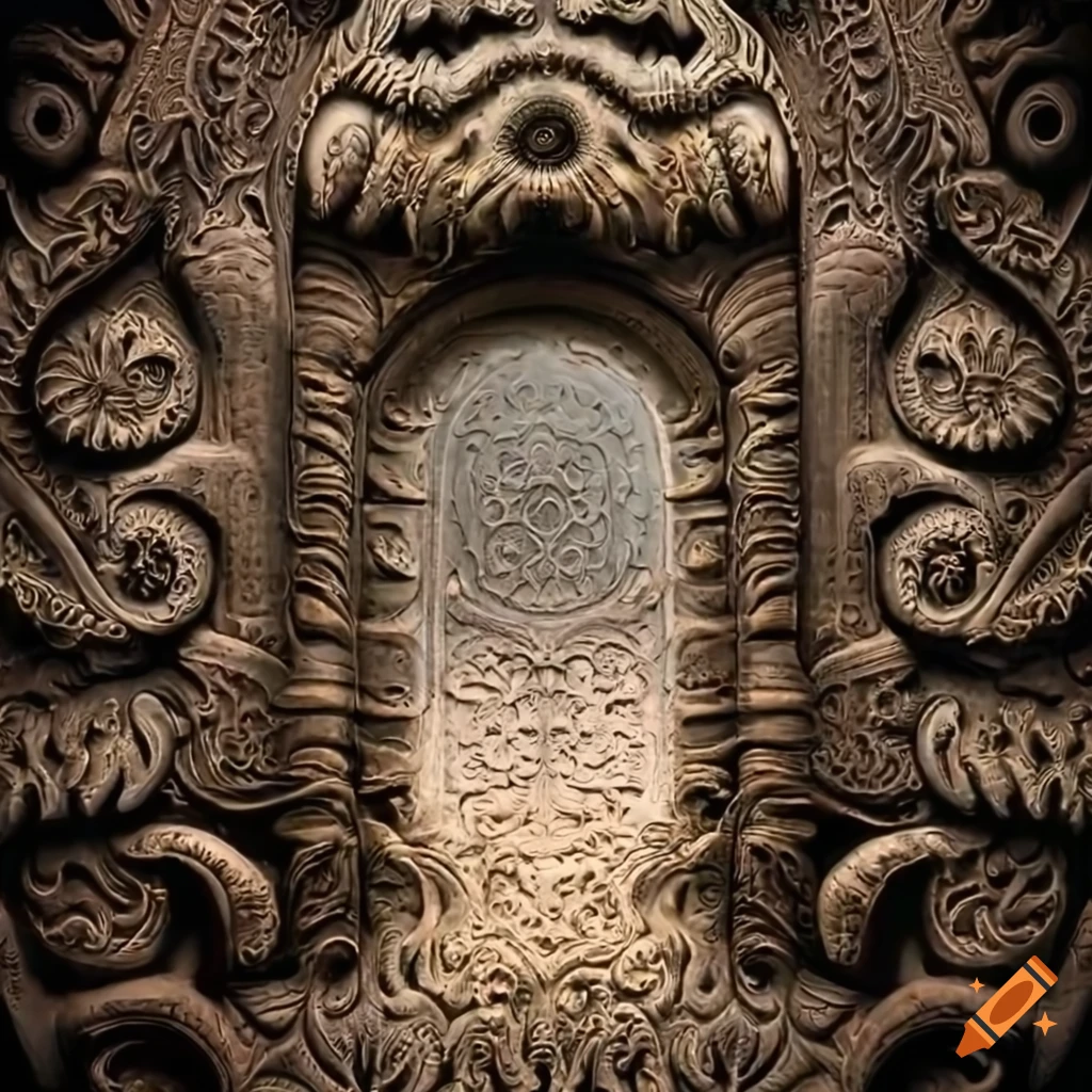 baroque door with African symbols carved in shale rock