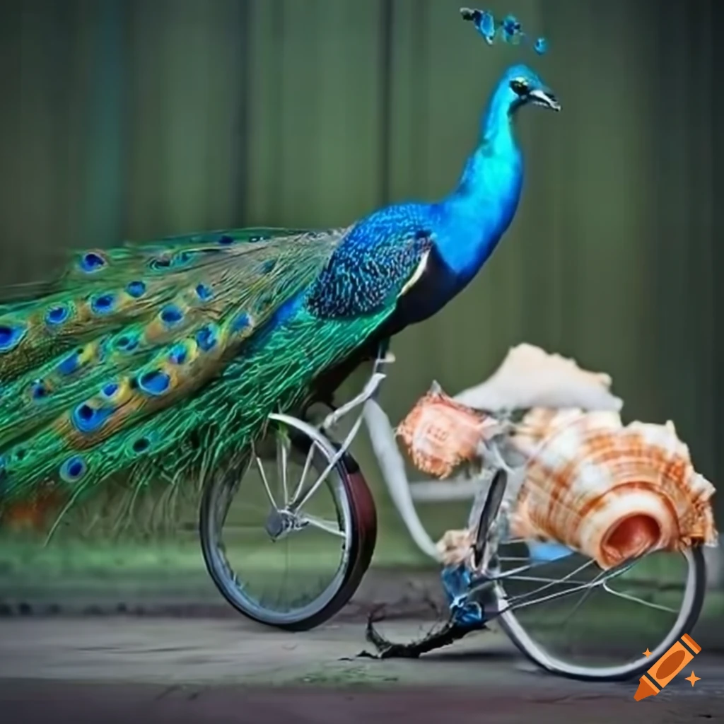 bicycle next to a peacock and a conch shell