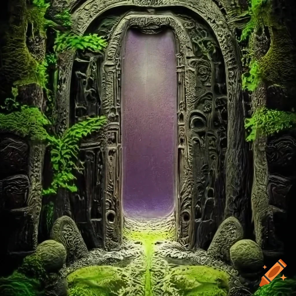 intricate basalt stone door with moss and ferns