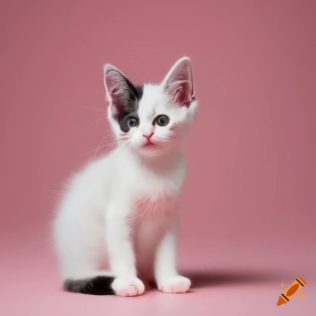 black and white kitten on pink background