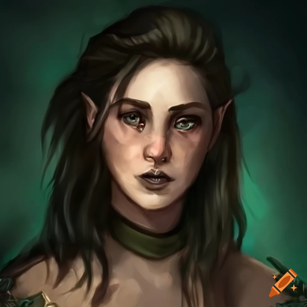 Illustration of a freckled brunette half-elf druid on Craiyon