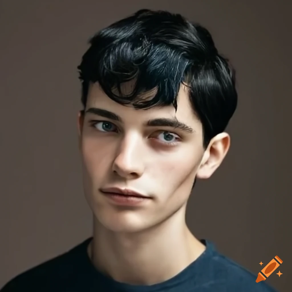 Portrait of a charming young man with black hair and dimples